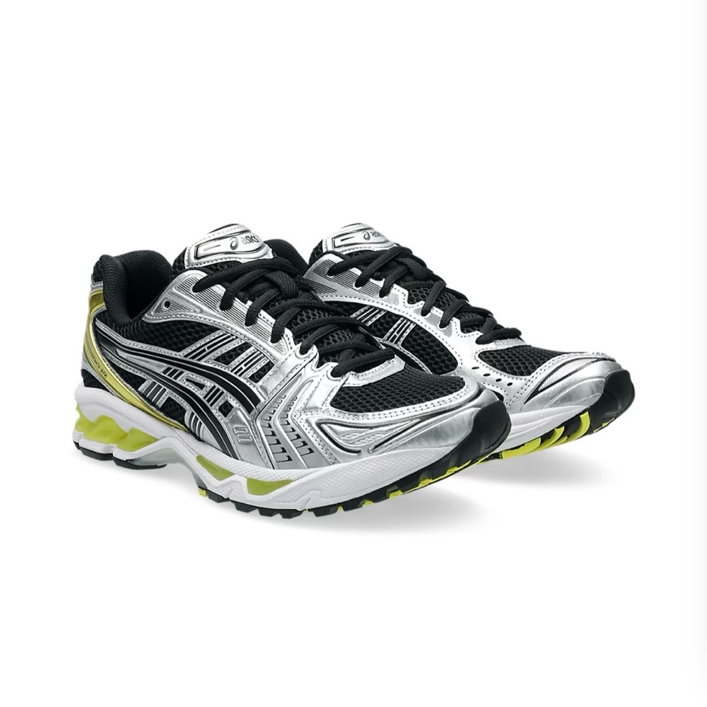 Asics gel kayano 14 Silver and Black Running Shoes with Yellow Accents